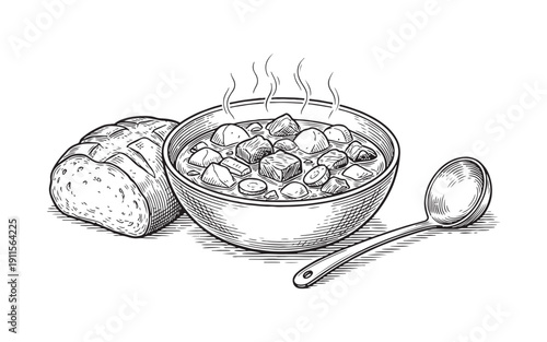 bowl of hot beef and vegetable stew served with a crusty bread loaf vintage hand-drawn engraving style.