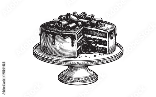 chocolate fudge cake with dripping ganache and chocolate curls vintage engraving style.