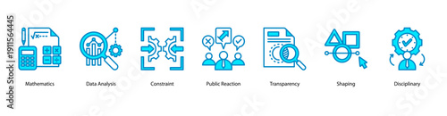 Data and Evaluation web banner icon vector illustration featuring Mathematics, Data Analysis, Constraint, Public Reaction, Transparency, Shaping, and Disciplinary.