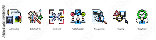 Data and Evaluation web banner icon vector illustration featuring Mathematics, Data Analysis, Constraint, Public Reaction, Transparency, Shaping, and Disciplinary.