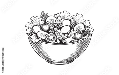 bowl of fresh garden salad with lettuce, cucumbers, radishes, and tomatoes vintage engraving style.
