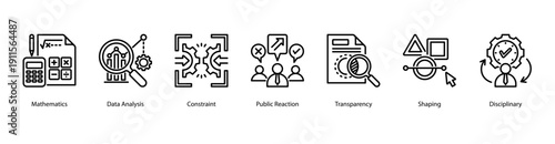 Data and Evaluation web banner icon vector illustration featuring Mathematics, Data Analysis, Constraint, Public Reaction, Transparency, Shaping, and Disciplinary.
