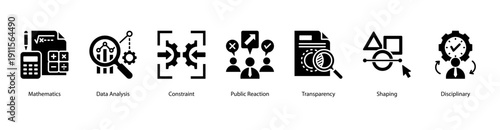 Data and Evaluation web banner icon vector illustration featuring Mathematics, Data Analysis, Constraint, Public Reaction, Transparency, Shaping, and Disciplinary.