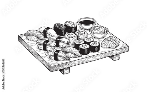 Diverse sushi and sashimi platter with nigiri, maki rolls, ginger, and soy sauce in a vintage woodcut engraving style.