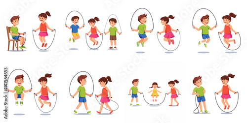 Children playing jump rope outdoors, happy kids