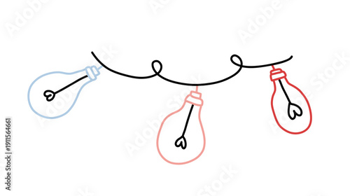 Heart shaped light bulb garland doodle. Romantic string lights vector illustration, love idea and inspiration concept line art isolated on white.