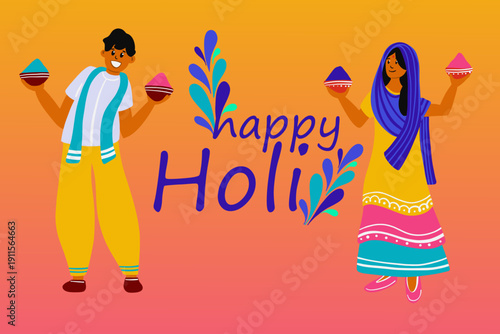 Happy Holi greeting card with Indian couple holding colored powder. Traditional festival of colors illustration with man and woman in national clothes on orange gradient.