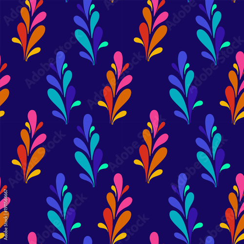 Holi seamless pattern vibrant abstract splashes floral motif indian festival of colors print dark blue background vector.