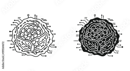 Virus cell illustration, black and white, medical diagram, scientific concept, detailed structure