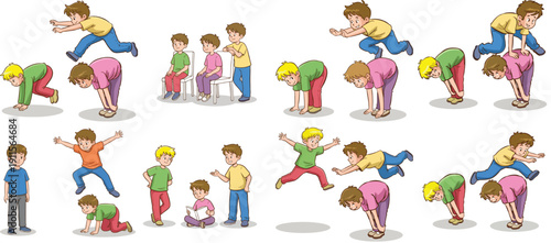 Boys performing stretches and exercises