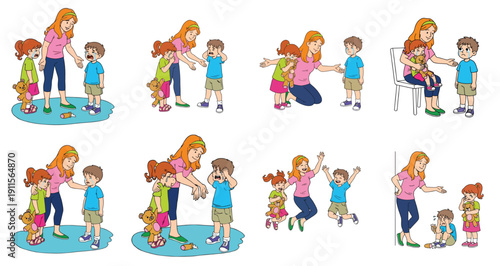 Mother comforting upset child with teddy bear sequence