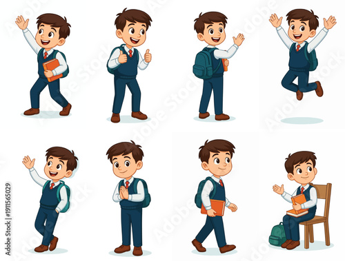 Schoolboy poses collection in various actions