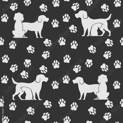 Dog and Cat Seamless Pattern with Paw Prints
