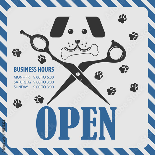 Open Pet Grooming Salon Sign With Puppy, Scissors And Paw Prints. Vector Illustration