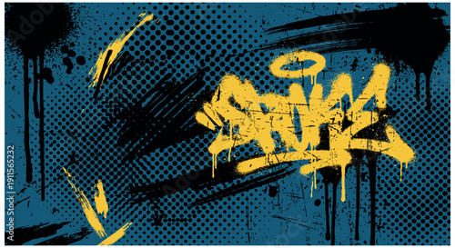Blue Grunge Background with Yellow Graffiti Tag Style Art