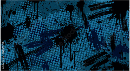Blue Grunge Texture with Halftone Pattern and Ink Blots