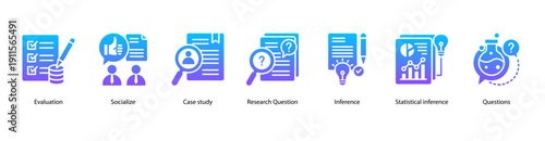 Research and Inquiry web banner icon vector illustration featuring Evaluation, Socialize, Case Study, Research Question, Inference, Statistical Inference, and Questions.