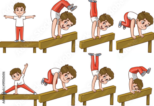 Boy performing gymnastics on balance beam