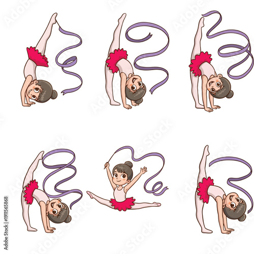 Girl doing gymnastics with ribbon, various poses