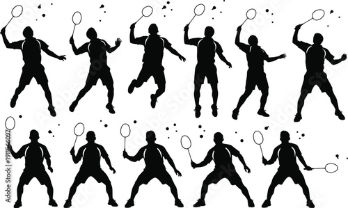 Professional black silhouettes of male badminton players in various action poses including jumping, smashing, and serving isolated on white background for sports concepts.