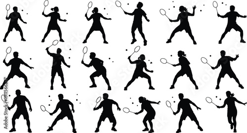 Professional black silhouettes of male and female badminton players in dynamic action poses including jumping, smashing, serving, and lunging for competitive sports concepts.