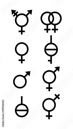 Vector male, female, transgender, gay and other orientation signs. Set outline gender icons. Multigender symbols isolated on white background. Simple illustration. Sexual concept.