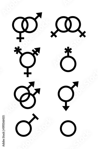 Male and female black icons isolated on white background. Gender symbols. Vector. Set orientation outline signs. Sexual concept. Simple illustration.