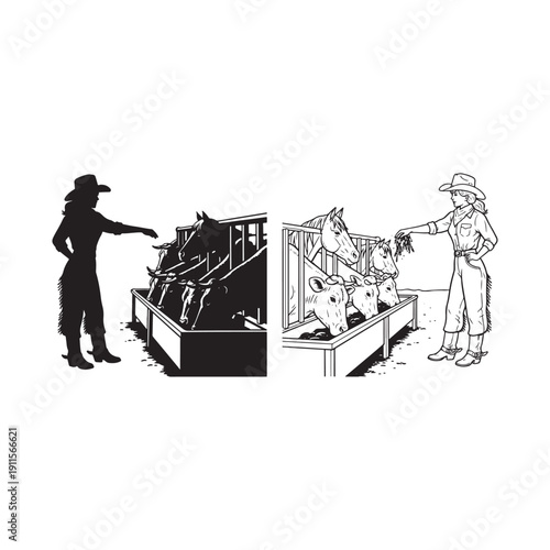Farmer Feeding Horses Silhouette Vector Illustration