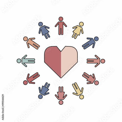 Colorful illustration of diverse people surrounding a heart, representing human spirit and unity day. Perfect for social issues, community outreach, and educational materials
