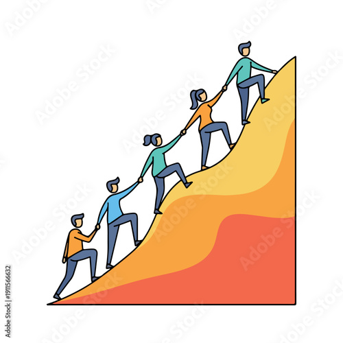 A colorful digital illustration of four people helping each other climb up a steep orange and yellow slope, showcasing human spirit and day. Perfect for motivation, teamwork, and business