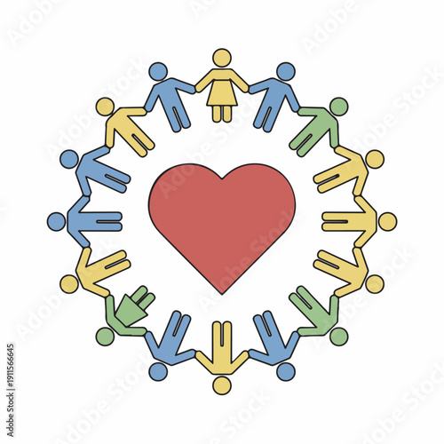 A diverse group of people holding hands in a circle around a heart symbol, representing human spirit and unity day. Perfect for social issues, community outreach, and educational materials