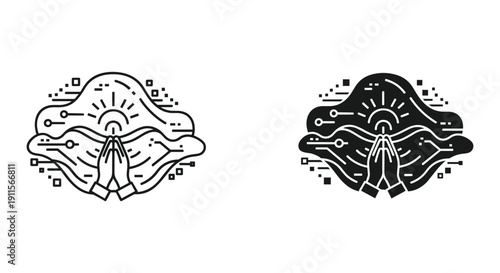 Abstract Hand Holding Sun or Moon Icon Set in Black and White