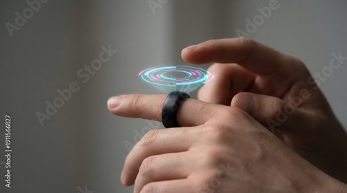 Wallpaper Mural Person interacts with a futuristic holographic interface projected from a black smart ring worn on the finger. Torontodigital.ca