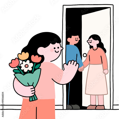 This sweet illustration shows a young woman arriving at a friend's house with flowers to celebrate an housewarming party or a friendly social gathering at home.
