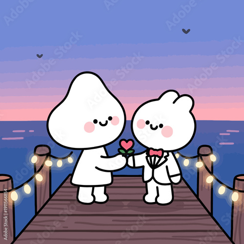 Celebrate a romantic evening under the stars with two cute characters in formal attire sharing a special moment on a pier decorated with fairy lights.
