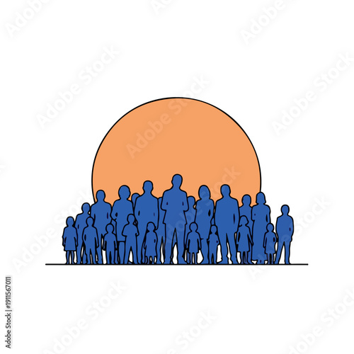 A diverse group of blue silhouetted people standing together in front of a large orange sun. Perfect for presentations, educational materials, and marketing content