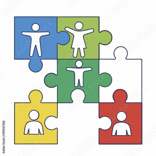 A colorful puzzle piece illustration representing the human spirit day with diverse figures coming together. Perfect for presentations, educational materials, and marketing content