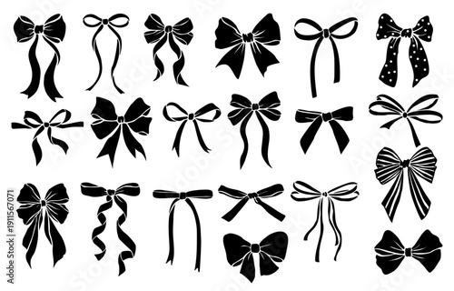 Black monochrome decorative coquette ribbon bows bundle. Holiday sign collection with ribbon symbols and accessory logos. Vector outline cut files isolated on transparent background.