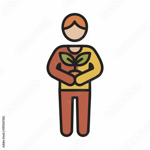 A person with orange hair wearing a gradient orange and yellow shirt, holding a green sprout in their crossed arms, depicted in a simple line art style with a white background