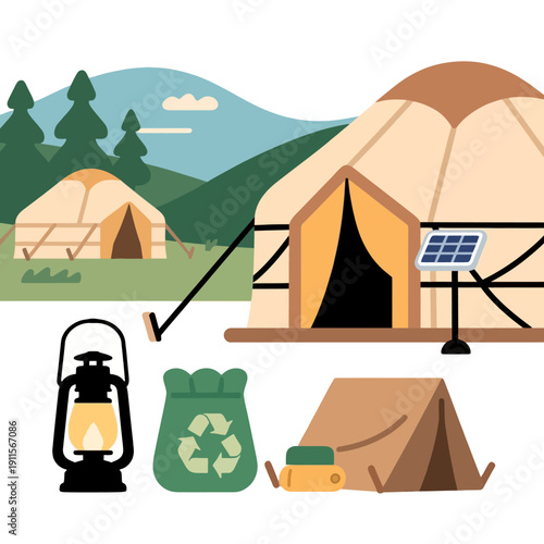 Plan your next sustainable vacation with this glamping illustration featuring an eco-friendly yurt equipped with solar panels and recycling facilities.
