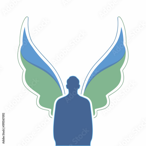 A blue silhouette of a person with large green and blue wings spread out behind, symbolizing human spirit day. Perfect for presentations, educational materials, and inspirational content