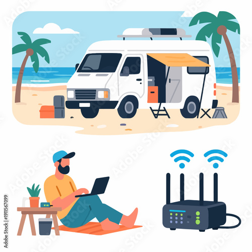 Embrace the freedom of van life and remote work using this digital nomad illustration showing a beachfront camper van and a person working on a laptop.
