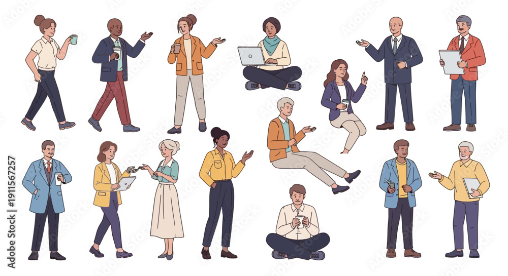 Obraz premium Diverse group of people using various devices in different poses and attire, showcasing modern lifestyle and technology interaction