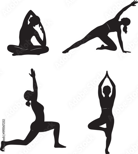 Four women in different yoga poses isolated on white background