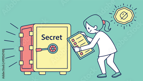 Unveiling Secrets: A curious figure studies a list while interacting with a secure safe, hinting at a hidden agenda or privileged information.