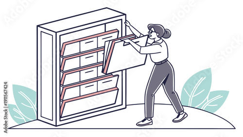 Organizing Data: A detailed illustration of an individual meticulously arranging files within a storage cabinet, ensuring order and structure.