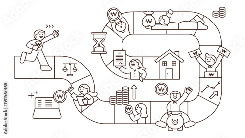 Money game board illustration with cartoon characters and financial symbols