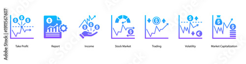 Market Overview web banner icon vector illustration featuring Take Profit, Report, Income, Stock Market, Trading, Volatility, and Market Capitalization.
