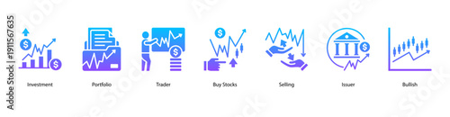 Investment Strategies web banner icon vector illustration featuring Investment, Portfolio, Trader, Buy Stocks, Selling, Issuer, and Bullish.
