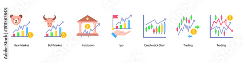 Market Trends web banner icon vector illustration featuring Bear Market, Bull Market, Institution, IPO, Candlestick Chart, Trading, and Trading.